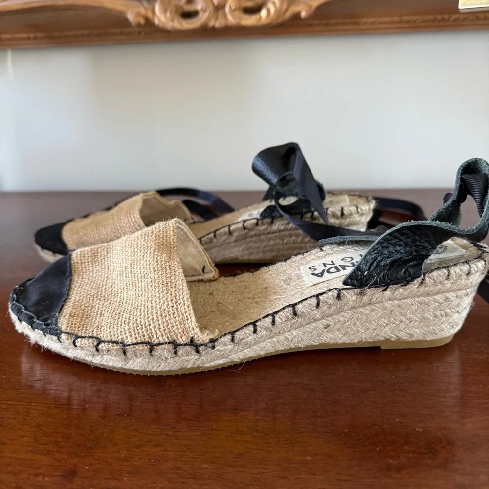 Black & Beige Ankle Tie Espadrille Wedges | Low Heel | Size 39